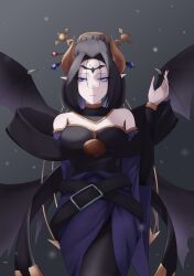 1girl absurdres bare_shoulders black_hair black_wings blue_eyes breasts cleavage demon_girl demon_horns demon_wings digimon digimon_(creature) eyeshadow facial_mark forehead_mark grey_background highres horns large_breasts lilithmon makeup mole mole_under_eye nail_polish pointy_ears purple_eyeshadow simple_background solo wings zigma_s