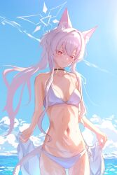 1girl absurdres akira_(blue_archive) alternate_breast_size alternate_costume animal_ear_fluff animal_ears bare_arms bare_shoulders bikini blue_archive blush cat_ears cat_girl cat_tail closed_mouth hair_between_eyes highres long_hair looking_at_viewer navel ocean pink_hair ponytail red_eyes seeyouu73 sidelocks smile solo stomach swimsuit tail wet white_bikini