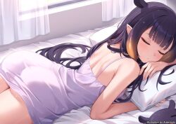 Rule 34 | 1girl, alternate costume, ardenlolo, ass, back, closed eyes, commentary, english commentary, gradient hair, hololive, hololive english, indoors, long hair, lying, median furrow, multicolored hair, ninomae ina&#039;nis, no undershirt, on stomach, pillow, pointy ears, purple hair, see-through clothes, sidelocks, sleeping, solo