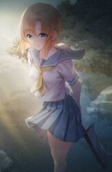 Rule 34 | 1girl, absurdres, arms behind back, backlighting, blue eyes, blue sailor collar, blue skirt, closed mouth, floating clothes, highres, higurashi no naku koro ni, holding, holding weapon, looking at viewer, nata (tool), neckerchief, nyako (x nyako x), orange hair, outdoors, pleated skirt, ryuuguu rena, sailor collar, school uniform, serafuku, shirt, short hair, short sleeves, skirt, smile, solo, standing, weapon, white shirt, yellow neckerchief