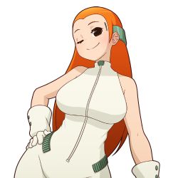 1girl alternate_breast_size black_eyes bodysuit breasts contrapposto deponia gloves goal_(deponia) hand_on_own_hip large_breasts long_hair mike_inel one_eye_closed orange_hair smile solo transparent_background upper_body white_gloves