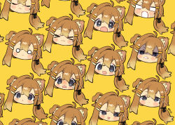 Rule 34 | &gt; &lt;, + +, 1girl, :&lt;, :o, animal ear fluff, animal ears, black ribbon, blank eyes, blue eyes, blush stickers, brown hair, chibi, chibi only, clenched teeth, closed mouth, commentary request, dog ears, double-parted bangs, fang, hair ornament, hair ribbon, hairclip, head only, highres, long hair, mamehinata, multiple views, notamaru 2, o o, open mouth, ribbon, shaded face, signature, skin fang, sweat, teeth, tongue, tongue out, vrchat, wavy mouth, white mouth