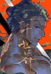 Rule 34 | 1boy, chonmage, close-up, closed mouth, commentary request, green hair, highres, male focus, mrjieshisu, one piece, profile, red background, roronoa zoro, short hair, sideburns, simple background, solo, topknot, v-shaped eyebrows