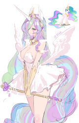 Rule 34 | 1girl, absurdres, animal ears, breasts, cleavage, crossover, dishwasher1910, green hair, highres, holding, holding staff, horse ears, horse girl, horse tail, looking at viewer, medium breasts, multicolored hair, my little pony, my little pony: friendship is magic, personification, princess celestia, purple hair, simple background, sketch, solo, staff, tail, twitter username, umamusume, unicorn girl, white background, white wings, wings
