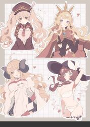 4girls ahoge anila_(granblue_fantasy) bandaid bandaid_on_face bikini black_hat blonde_hair blue_eyes blunt_bangs blush bow bracer breasts brown_eyes brown_hair cagliostro_(granblue_fantasy) cape cleavage crown curled_horns draph flower flower_hairpin granblue_fantasy grid_background hair_flower hair_ornament hair_scrunchie hairband hand_on_own_hat hat hat_bow hat_feather heart heart_hands highres hikimayu horns jacket large_breasts long_hair looking_at_viewer monika_weisswind multiple_girls myuguao navel open_mouth peaked_cap purple_eyes raziel_(granblue_fantasy) raziel_(summer)_(granblue_fantasy) scrunchie sheep_horns short_eyebrows smile spiked_hairband spikes squiggle sun_hat swimsuit thick_eyebrows tiara twintails very_long_hair vial wavy_hair white_bikini white_bow white_scrunchie yellow_eyes