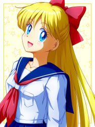1girl aino_minako bishoujo_senshi_sailor_moon blonde_hair blue_eyes blue_sailor_collar bow hair_bow highres long_hair looking_at_viewer mimimix open_mouth red_bow sailor_collar school_uniform serafuku smile solo