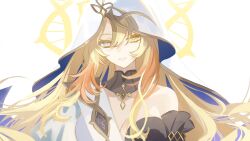 Rule 34 | 1girl, 9ea1u, asymmetrical sleeves, black choker, black dress, blonde hair, breasts, choker, double helix, dress, genshin impact, gold trim, gradient hair, grey eyes, hair between eyes, heterochromia, highres, large breasts, long hair, long sleeves, looking at viewer, mismatched pupils, mismatched sleeves, multicolored hair, red hair, rhinedottir (genshin impact), shirt, sidelocks, simple background, single bare shoulder, smile, solo, symbol-shaped pupils, teeth, two-tone dress, upper body, veil, white dress, white shirt, white veil, x-shaped pupils, yellow eyes