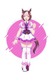1girl animal_ears bow braid breasts brown_hair brown_tail collared_shirt dot_nose dress ear_bow earrings female_focus full_body highres horse_ears horse_girl horse_tail jacket jewelry knee_socks kneehighs miniskirt multicolored_hair multicolored_shoes official_art open_mouth pleated_dress purple_bow purple_cuffs purple_eyes purple_ribbon purple_shoes purple_vest ribbon shirt shirt_under_vest shoes short_hair skirt small_breasts smile socks solo solo_focus special_week_(umamusume) streaked_hair tail thighhighs thighs thighs_focus two-tone_hair umamusume vest white_jacket white_shoes white_skirt white_streaks white_thighhighs wrist_cuffs wristband zettai_ryouiki