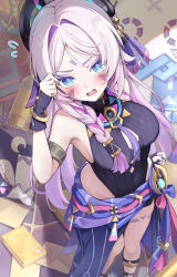 1girl armlet blue_eyes blush book bracelet braid breasts citlali_(genshin_impact) collar covered_navel detached_sleeves facial_mark feathers fingernails floating_headgear flying_sweatdrops forehead_mark genshin_impact hair_intakes headgear highres jewelry large_breasts leotard long_hair looking_at_viewer nail_polish open_mouth pink_feathers pink_hair pink_pupils purple_collar purple_feathers purple_leotard purple_sarong purple_sleeves ribbed_leotard ribbed_sleeves ring_hair_ornament sarong sideboob solo thigh_marking thighs triangle triangle_facial_mark ura_(hamburg_oniku) usekh_collar vision_(genshin_impact)