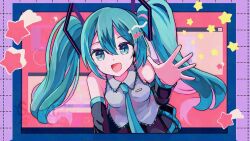 aqua_eyes aqua_hair aqua_nails aqua_necktie black_skirt black_sleeves detached_sleeves grey_shirt hair_ornament hatsune_miku headphones headset long_hair looking_at_viewer necktie open_mouth shirt skirt twintails very_long_hair vocaloid wakolenrin