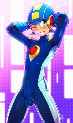 1boy blush bodysuit bulge capcom erection erection_under_clothes gloves helmet impossible_clothes large_penis male_focus mega_man_(series) mega_man_battle_network megaman.exe penis skibby skin_tight testicles tight_clothes veins veiny_penis