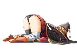 Rule 34 | 1girl, ass, ass focus, asymmetrical legwear, automatic giraffe, bandaged leg, bandages, belt, black cape, black gloves, black hair, black panties, black thighhighs, boots, cape, dress, fingerless gloves, from behind, full body, gloves, hat, highres, knee boots, kono subarashii sekai ni shukufuku wo!, long sleeves, medium hair, megumin, mismatched legwear, panties, red boots, red dress, signature, simple background, single thighhigh, solo, thighhighs, thighs, top-down bottom-up, underwear, white background, witch hat
