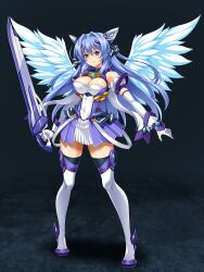 1girl absurdres armlet bare_shoulders blue_eyes blue_gemstone blue_hair blue_shoes blue_skirt breasts cleavage closed_mouth covered_navel elbow_gloves exs-tia full_body gem gloves gunblade hair_intakes headgear highres holding holding_sword holding_weapon jewelry katsuragi_marina kouyoku_senki_exs-tia large_breasts layered_skirt legs_apart long_hair lusterise magical_girl open_mouth pleated_skirt shoes sirano skirt smile solo standing straight_hair sword tachi-e thighhighs weapon white_gloves white_thighhighs white_wings wings zettai_ryouiki