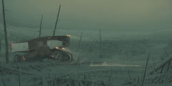 ashes grey_theme haze headlight_beam highres horizon motor_vehicle no_humans outdoors science_fiction simon_stalenhag the_labyrinth tree unconventional_vehicle wheel