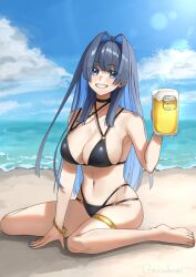 1girl absurdres alcohol alternate_costume beach beer beer_mug bikini black_bikini blue_eyes blue_hair blue_nails blue_sky bracelet breasts cleavage cloud cup day gold_bracelet gold_thighlet hair_intakes halterneck highleg highleg_bikini highres holding holding_cup hololive hololive_english hot huge_breasts jewelry large_breasts long_hair looking_at_viewer mizuhasi mug multicolored_hair o-ring o-ring_bikini ocean ouro_kronii outdoors sand sky smile solo stomach string_bikini summer swimsuit thighlet virtual_youtuber white_bikini
