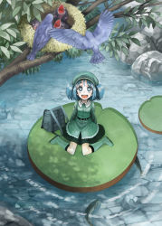 1girl :d backpack bag bird blue_hair boots female_focus fish from_above green_boots hat in_nest kawashiro_nitori knee_boots lily_pad looking_up mitsuki32k nest open_mouth river rubber_boots short_hair sitting smile solo stickam touhou twintails two_side_up wariza