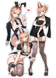 1girl animal_ears artist_name asymmetrical_hair black_bra black_dress black_jacket black_necktie black_panties black_shoes blonde_hair bra breasts brown_thighhighs chainsaw_man clothing_cutout commentary covered_navel cropped_arm cropped_jacket cross-shaped_pupils demon_horns detached_collar double-parted_bangs dress dress_tug english_commentary fake_animal_ears garter_straps hair_between_eyes hair_bun head_tilt heart highres horns inhoso instagram_logo jacket jacket_on_shoulders juliet_sleeves kneeling leotard long_hair long_sidelocks long_sleeves looking_at_viewer maid_headdress multiple_views navel necktie open_mouth orange_eyes panties parted_bangs patreon_logo playboy_bunny power_(chainsaw_man) puffy_sleeves rabbit_ears red_horns shoes short_necktie sideboob sidelocks simple_background single_hair_bun speech_bubble spoken_heart standing stomach strapless strapless_dress symbol-shaped_pupils tailcoat_playboy_bunny thighhighs torn_clothes torn_thighhighs tube_dress twitter_logo underwear v watermark white_background wrist_cuffs