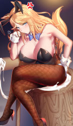 1girl puff_of_air absurdres anger_vein animal_ears big_shine black_leotard black_pantyhose blonde_hair blue_bow blue_bowtie blue_eyes bow bowtie breasts commentary_request crossed_legs detached_collar elbow_rest fake_animal_ears fishnet_pantyhose fishnets food foot_out_of_frame gloves gold_city_(umamusume) head_rest high_heels highres horse_ears horse_girl huge_breasts kine leotard long_hair looking_at_viewer mallet mochi pantyhose playboy_bunny rabbit_ears sitting solo strapless strapless_leotard sweat tail umamusume usagi_kine white_gloves wrist_cuffs