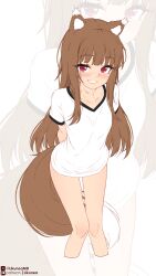 1girl absurdres animal_ear_fluff animal_ears arms_behind_back blush brown_hair commentary cropped_legs english_commentary grin gym_shirt highres holo knees_together_feet_apart likunea long_hair looking_at_viewer no_pants patreon_logo patreon_username red_eyes shirt short_sleeves smile spice_and_wolf tail twitter_username twitter_x_logo very_long_hair white_shirt wolf_ears wolf_girl wolf_tail zoom_layer