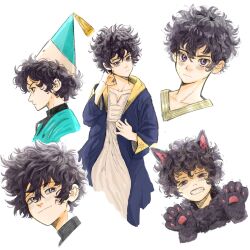 1girl agott_(tongari_boushi_no_atelier) animal_ears animal_hands black_hair collarbone fake_animal_ears hat highres imabeliva multiple_views purple_eyes qifrey&#039;s_atelier_apprentice_uniform reverse_trap short_hair teeth tongari_boushi_no_atelier