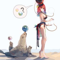 Rule 34 | 1girl, ?, absurdres, ass, bare shoulders, barefoot, beach, bikini, black bikini, chain, choker, clothes writing, day, earth (ornament), gold chain, hecatia lapislazuli, highres, kaliningradg, long hair, moon (ornament), ocean, open mouth, outdoors, red hair, sarong, seal (animal), solo, speech bubble, swimsuit, touhou, underworld (ornament), whiskers