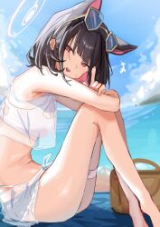 1girl absurdres alternate_costume bare_arms bare_shoulders bikini black_hair blue_archive coa_(35_seno) colored_inner_animal_ears colored_inner_hair cropped_shirt crossed_arms denim denim_shorts extra_ears from_side halo highres kazusa_(blue_archive) looking_at_viewer multicolored_hair ocean open_mouth pink_eyes pink_hair pink_halo see-through_clothes see-through_shirt see-through_skirt shirt short_hair shorts sitting skirt sleeveless sleeveless_shirt solo sweat swimsuit teeth two-tone_hair upper_teeth_only white_bikini