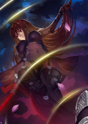 1girl armor bodysuit breasts cherry_blossoms cloud club3 covered_erect_nipples covered_navel fate/grand_order fate_(series) female_focus gae_bolg_(fate) highres holding large_breasts long_hair night pauldrons polearm purple_hair pursed_lips red_eyes reflection ripples scathach_(fate) shoulder_armor skin_tight sky smile solo spear standing star_(sky) starry_sky teeth thighs tree very_long_hair water weapon wide_hips