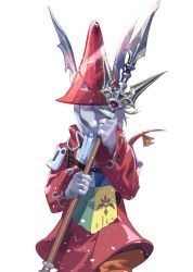 1girl animal_ears burmecian coat cofffee dragoon closed_eyes final_fantasy final_fantasy_ix freija_crescent furry furry_female hair_over_one_eye hat highres holding holding_weapon mouse_ears mouse_tail polearm red_coat red_hat short_hair solo spear square_enix tail weapon white_background white_hair