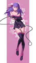 1girl absurdres bare_shoulders belt_collar boots breasts chain collar collarbone commentary cosplay dagger detached_sleeves dress dress_tug drid english_commentary fate/stay_night fate_(series) floral_background full_body hair_between_eyes hair_ribbon highres holding holding_weapon knife large_breasts long_hair long_sleeves looking_at_viewer matou_sakura medusa_(fate) medusa_(rider)_(fate) medusa_(rider)_(fate)_(cosplay) pink_background purple_eyes purple_hair red_ribbon ribbon short_dress simple_background solo strapless strapless_dress thigh_boots thighhighs weapon zettai_ryouiki