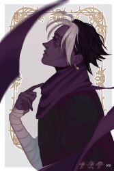 1boy bandaged_arm bandages black_hair black_nails black_shirt border chibi chibi_inset closed_mouth danganronpa_(series) danganronpa_2:_goodbye_despair danganronpa_v3:_killing_harmony earrings eyelashes from_side highres jewelry lips male_focus mioda_ibuki multicolored_hair nail_polish non-web_source page_number pigeonsart purple_scarf purple_theme scar scar_across_eye scar_on_face scarf shirt short_hair soda_kazuichi solo tanaka_gundham two-tone_hair upper_body white_border white_hair yonaga_angie