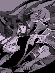 1boy 1girl action armpits bare_shoulders blazblue blonde_hair breasts detached_sleeves evil_grin evil_smile gloves green_eyes greyscale grin hades_izanami hair_between_eyes headgear horns katana kisaragi_jin long_hair looking_at_another mako_gai mikado_(blazblue) monochrome ponytail purple_hair red_eyes scared short_hair sideboob single_horn smile smug sword uniform weapon