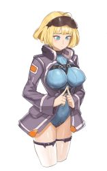 1girl ahoge blonde_hair blue_eyes blue_leotard blue_thighhighs breasts female_focus full_body goggles goggles_on_head griffon_(last_origin) highres jacket kahill last_origin leotard ribbed_leotard rocket rocket_launcher short_hair solo tears thighhighs weapon white_thighhighs