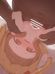 1boy 1girl absurdres age_difference bar_censor barefoot blush brown_eyes brown_hair censored commentary dark-skinned_male dark_skin hetero highres ichihara_nina idolmaster idolmaster_cinderella_girls loli nakatsu_(nakatsu22) navel penis sex soles toes vaginal