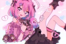 1girl ahoge ankle_socks backpack bag bandaid bandaid_on_knee bandaid_on_leg bare_shoulders belt belt_buckle belt_collar black_bow black_bowtie black_skirt black_socks blue_hat bow bowtie braid broken_heart brooch buckle buttons can center_frills character_charm charm_(object) clothing_cutout collar colored_inner_hair dot_nose drink_can drinking_straw fang flustered foot_out_of_frame frilled_skirt frilled_sleeves frills gold_buttons gradient_background hair_between_eyes hair_bow hair_intakes hair_ornament hairclip hat head_tilt heart heart-shaped_buckle heart_brooch heart_button heart_hair_ornament heart_print high-waist_skirt holding holding_bag holding_can idolmaster idolmaster_cinderella_girls jewelry jirai_kei knee_up leg_up light_blush long_sleeves loose_socks medium_hair miniskirt mizumi_(mizmi) multicolored_hair multiple_belts nail_art nail_polish nervous_smile open_mouth outline pink_background pink_bag pink_belt pink_eyes pink_hair pink_nails pink_outline pink_shirt poop shirt shoulder_cutout skin_fang skirt smile socks soda_can solo studded_belt thigh_belt thigh_strap three-quarter_sleeves tsurime twin_braids two-tone_hair white_background white_belt wrist_belt yumemi_riamu