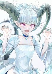 1girl aqua_hair braid breasts choker claw_pose collarbone crown_braid curled_horns dress fangs fate/grand_order fate_(series) hands_up highres horns jewelry kino_kokko larva_tiamat_(fate) larva_tiamat_(first_ascension)_(fate) long_hair long_horns long_sleeves looking_at_viewer open_mouth pendant pink_eyes pointy_ears revision ribbed_dress small_breasts solo symbol-shaped_pupils tail tiamat_(fate) white_dress