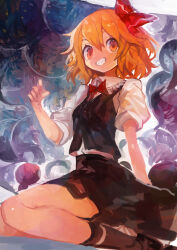 1girl absurdres black_skirt black_socks black_vest blonde_hair bow bowtie breasts commentary grin hair_between_eyes hair_ribbon highres kaamin_(mariarose753) looking_at_viewer medium_breasts orange_eyes red_bow red_bowtie red_eyes red_ribbon ribbon rumia sharp_teeth shirt short_sleeves sitting skirt smile socks solo teeth touhou vest white_shirt