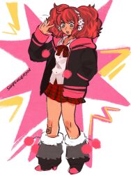 1girl bandaid bandaid_on_knee bandaid_on_leg black_jacket blush boots bow collared_shirt earmuffs full_body fur-trimmed_boots fur_trim green_eyes grey_boots highres hood hood_down hooded_jacket jacket kyokugen_dasshutsu kyokugen_dasshutsu:_9_jikan_9_nin_9_no_tobira marigoldflowerdays medium_hair open_mouth plaid_bow plaid_clothes plaid_skirt pom_pom_(clothes) red_bow red_hair red_skirt shirt skirt solo standing white_shirt yotsuba_(kyokugen_dasshutsu)