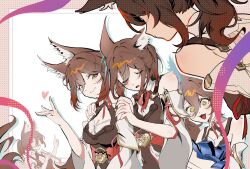 animal_ear_fluff animal_ears bare_shoulders blush breasts closed_eyes heart honkai:_star_rail honkai_(series) medium_breasts multiple_girls naroo open_mouth simple_background smile tingyun_(harmony)_(honkai:_star_rail) tingyun_(honkai:_star_rail)