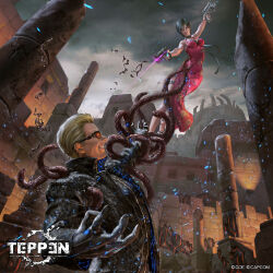 1boy 1girl ada_wong albert_wesker asian blonde_hair bodysuit capcom castle chinese_clothes cloud cloudy_sky dress gloves glowing glowing_eyes grappling_hook gun handgun highres jacket leather leather_jacket monster monster_boy night official_art pistol red_dress red_eyes resident_evil resident_evil_4 resident_evil_5 ruins short_hair sky sunglasses tentacles teppen uroboros_(resident_evil) weapon yu_cheng_hong