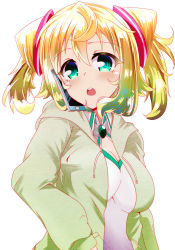 10s 1girl :o blonde_hair blush bompay breasts cellphone cleavage cradling_phone drawstring female_focus gradient_hair green_eyes green_hair hacka_doll hacka_doll_1 hood hoodie looking_at_viewer matching_hair/eyes multicolored_hair open_clothes open_hoodie phone round_teeth simple_background smartphone solo talking_on_phone tareme teeth twintails upper_body