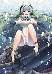 1girl absurdres air_bubble azur_lane blush breasts bubble competition_swimsuit freediving green_hair headgear highres large_breasts long_hair looking_at_viewer maggiore_baracca_(azur_lane) one-piece_swimsuit open_mouth purple_eyes rigging smile solo submarine submerged sudhiro_sappurisa swimsuit twintails underwater watercraft white_one-piece_swimsuit