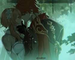 1boy 1girl absurdres bare_shoulders black_gloves blonde_hair closed_eyes couple crying dress earrings flower from_side genshin_impact gloves hair_flower hair_ornament hand_on_another&#039;s_chin hetero highres holding imminent_kiss jewelry kinphyre looking_at_another lumine_(genshin_impact) open_mouth orange_hair rain red_scarf scarf short_hair tartaglia_(genshin_impact) upper_body water_drop white_dress white_flower