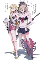 2girls american_flag american_flag_print american_flag_skirt bikini bikini_skirt black_bikini black_one-piece_swimsuit blonde_hair boots commentary_request cosplay costume_switch denim denim_skirt flag_print full_body hair_flaps highleg highleg_one-piece_swimsuit highres japanese_flag kantai_collection kappa_modoki kill_markings long_hair machinery multiple_girls one-piece_swimsuit print_skirt red_eyes sailor_bikini sailor_collar sandals scarf simple_background skirt super_highleg swimsuit translation_request two-tone_one-piece_swimsuit wahoo_(kancolle) wahoo_(kancolle)_(cosplay) wahoo_kai_(kancolle) wahoo_kai_(kancolle)_(cosplay) white_background white_scarf yuudachi_(kancolle) yuudachi_(kancolle)_(cosplay) yuudachi_kai_ni_(kancolle) yuudachi_kai_ni_(kancolle)_(cosplay) yuudachi_kai_ni_(swimsuit)_(kancolle)