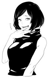 1girl bob_cut breasts dyun greyscale hand_to_own_mouth jujutsu_kaisen large_breasts looking_at_viewer medium_hair monochrome simple_background sleeveless sleeveless_sweater smile solo sweater white_background zenin_mai