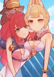 2girls alice_thymefield alternate_costume animal animal_on_head bikini blonde_hair blue_sky bracelet breasts cleavage closed_mouth commentary english_commentary green_eyes hairband heterochromia highres holding holding_surfboard jewelry large_breasts long_hair multiple_girls on_head outdoors ploomie raccoon red_eyes red_hair sky small_breasts smile surfboard swimsuit two-tone_one-piece_swimsuit ukinami_yuzuha very_long_hair white_bikini white_hairband yellow_eyes zenless_zone_zero