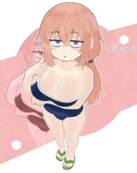 1girl bags_under_eyes blue_eyes breasts champchidi cleavage commentary competition_swimsuit english_commentary feet flip-flops highres large_breasts michinoku_komaro one-piece_swimsuit oppai_loli petite pink_hair ponytail sandals seitokai_ni_mo_ana_wa_aru! swimsuit tagme thighs