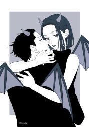 1boy 1girl arms_around_neck arms_around_waist artist_name commentary_request demon_boy demon_girl demon_horns demon_wings earrings facial_hair forehead goatee_stubble gokushufudou greyscale hachiyou highres hoop_earrings horns husband_and_wife jacket jewelry lipstick makeup miku_(gokushufudou) monochrome parted_lips short_hair sleeveless sleeveless_turtleneck stubble tatsu_(gokushufudou) turtleneck wings