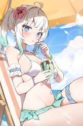 Rule 34 | 1girl, ahoge, beach umbrella, bikini, blue hair, breasts, cup, day, drinking straw, flower, from side, green nails, hair flower, hair ornament, highres, holding, holding cup, indie virtual youtuber, medium breasts, medium hair, mint fantome, multicolored hair, orobou, outdoors, ponytail, sitting, solo, streaked hair, swimsuit, thigh strap, umbrella, white bikini, white hair