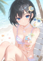1girl beach_chair bikini black_hair blue_eyes breasts commentary_request food food_on_face frilled_bikini frills hair_ornament highres ice_cream ice_cream_cone jewelry looking_at_viewer medium_breasts multiple_scoops navel necklace original purple_bikini rebun shell shell_necklace short_hair sitting solo starfish swimsuit