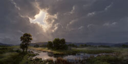 1other absurdres animal blue_hat blue_robe cloud cloudy_sky commentary day deer english_commentary fog grass grey_sky hat highres hill landscape light_rays original outdoors philipp_urlich reflection reflective_water robe rock scenery signature sky stream sun sunbeam sunlight tree very_wide_shot water